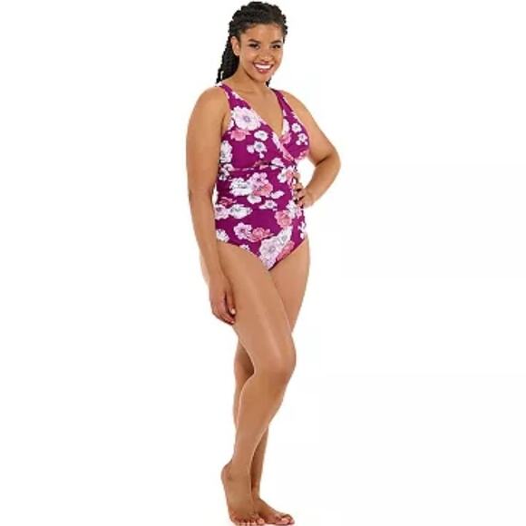 Freshwater Floral Print Surplice Lace-Up Back One Piece Swimsuit, Size 3X, NWT - Picture 1 of 11